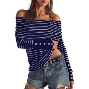 imageDaong Off The Shoulder Sweater for Women 2025 Fall Fashion Cute Going Out Y2k Tops Ribbed Pullover Knit SweatersRoyal Bluewhite Stripe