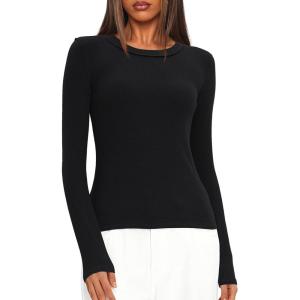 imageDarong Long Sleeve Shirts for Women Fall Fashion Crew Neck Basics Crop Tops Slim Fitted Y2K Tops Ribbed Outfits ClothesBlack