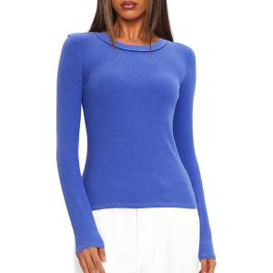 imageDarong Long Sleeve Shirts for Women Fall Fashion Crew Neck Basics Crop Tops Slim Fitted Y2K Tops Ribbed Outfits ClothesBlue