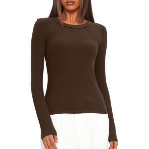 imageDarong Long Sleeve Shirts for Women Fall Fashion Crew Neck Basics Crop Tops Slim Fitted Y2K Tops Ribbed Outfits ClothesCoffee