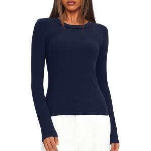 imageDarong Long Sleeve Shirts for Women Fall Fashion Crew Neck Basics Crop Tops Slim Fitted Y2K Tops Ribbed Outfits ClothesDark Blue