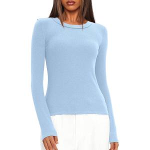 imageDarong Long Sleeve Shirts for Women Fall Fashion Crew Neck Basics Crop Tops Slim Fitted Y2K Tops Ribbed Outfits ClothesLight Blue