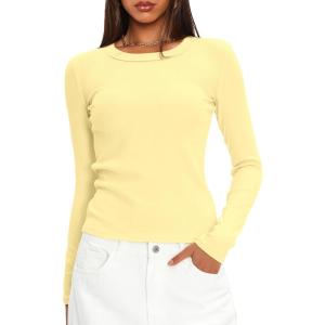 imageDarong Long Sleeve Shirts for Women Fall Fashion Crew Neck Basics Crop Tops Slim Fitted Y2K Tops Ribbed Outfits ClothesLight Yellow
