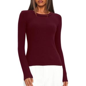 imageDarong Long Sleeve Shirts for Women Fall Fashion Crew Neck Basics Crop Tops Slim Fitted Y2K Tops Ribbed Outfits ClothesRed