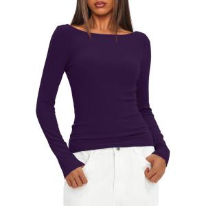 imageDarong Womens Long Sleeve Shirts Sexy Boat Neck Backless Fitted Tee Shirts Going Out Outfit Y2K Crop Blouse Underscrub CasualDeep Purple