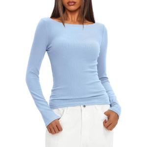 imageDarong Womens Long Sleeve Shirts Sexy Boat Neck Backless Fitted Tee Shirts Going Out Outfit Y2K Crop Blouse Underscrub CasualSky Blue