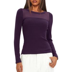 imageDarong Womens Mesh Sheer Long Sleeve Top Crew Neck Slim Fit Shirts Sexy Casual Going Out BlousesDark Purple