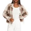 imageDarong Womens Cropped Fuzzy Fleece Jacket Button Down Plaid Leopard Jackets 2025 Fall Winter Soft Cozy CoatDeep Khaki Plaid