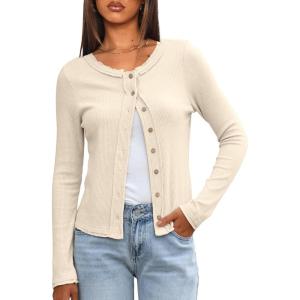 imageDarong Women Button Down Shirt Fall Long Sleeve Ribbed Knit Top Lightweight Cardigan Cute Going Out SweaterBeige