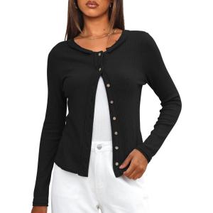 imageDarong Women Button Down Shirt Fall Long Sleeve Ribbed Knit Top Lightweight Cardigan Cute Going Out SweaterBlack