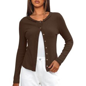 imageDarong Women Button Down Shirt Fall Long Sleeve Ribbed Knit Top Lightweight Cardigan Cute Going Out SweaterDeep Brown