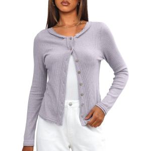 imageDarong Women Button Down Shirt Fall Long Sleeve Ribbed Knit Top Lightweight Cardigan Cute Going Out SweaterLight Purple
