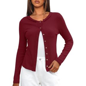 imageDarong Women Button Down Shirt Fall Long Sleeve Ribbed Knit Top Lightweight Cardigan Cute Going Out SweaterRed