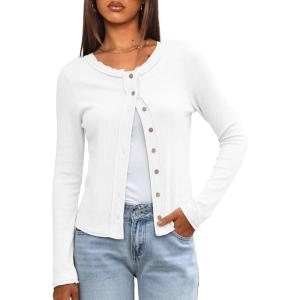imageDarong Women Button Down Shirt Fall Long Sleeve Ribbed Knit Top Lightweight Cardigan Cute Going Out SweaterWhite