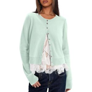 imageDarong Womens Casual Cropped Cardigan Lightweight Button Down Long Sleeve Knit Sweater Fall Outfit TopLight Green