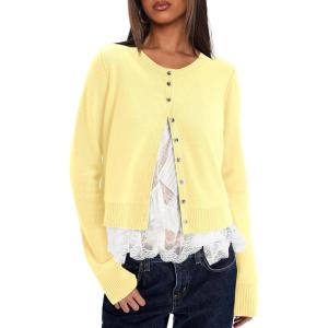 imageDarong Womens Casual Cropped Cardigan Lightweight Button Down Long Sleeve Knit Sweater Fall Outfit TopLight Yellow