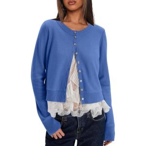 imageDarong Womens Casual Cropped Cardigan Lightweight Button Down Long Sleeve Knit Sweater Fall Outfit TopSky Blue