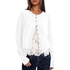 imageDarong Womens Casual Cropped Cardigan Lightweight Button Down Long Sleeve Knit Sweater Fall Outfit TopWhite