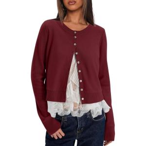 imageDarong Womens Casual Cropped Cardigan Lightweight Button Down Long Sleeve Knit Sweater Fall Outfit TopWine Red