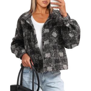 imageDarong Womens Cropped Fuzzy Fleece Jacket Button Down Plaid Leopard Jackets 2025 Fall Winter Soft Cozy CoatBlack Plaid