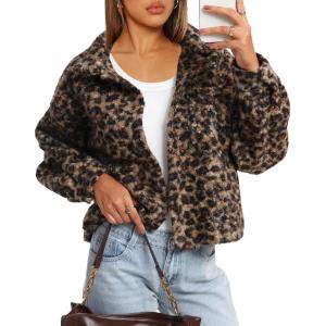 imageDarong Womens Cropped Fuzzy Fleece Jacket Button Down Plaid Leopard Jackets 2025 Fall Winter Soft Cozy CoatBrown Leopard