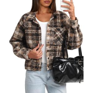 imageDarong Womens Cropped Fuzzy Fleece Jacket Button Down Plaid Leopard Jackets 2025 Fall Winter Soft Cozy CoatBrown Plaid