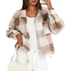 imageDarong Womens Cropped Fuzzy Fleece Jacket Button Down Plaid Leopard Jackets 2025 Fall Winter Soft Cozy CoatDeep Khaki Plaid