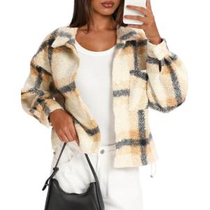 imageDarong Womens Cropped Fuzzy Fleece Jacket Button Down Plaid Leopard Jackets 2025 Fall Winter Soft Cozy CoatKhaki Plaid