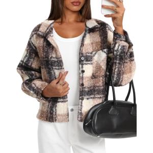 imageDarong Womens Cropped Fuzzy Fleece Jacket Button Down Plaid Leopard Jackets 2025 Fall Winter Soft Cozy CoatLight Brown Plaid