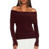 imageDarong Daong Women Off Shoulder Sweaters Long Sleeve Striped Ribbed Knit Going Out Fall Tops Blouse 2025 Fall FashionDeep Wine Red