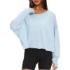 imageDarong Womens Open Back Workout Top Oversized Athletic Shirt Long Sleeve Crop Top with Thumb HolesLight Blue