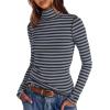 imageDarong Womens Striped Turtleneck Shirt Long Sleeve Undershirts Ribbed Slim Fit Top Fitted Basic TeesBluecoffee Stripe