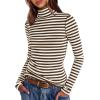 imageDarong Womens Striped Turtleneck Shirt Long Sleeve Undershirts Ribbed Slim Fit Top Fitted Basic TeesCoffeebeige Stripe