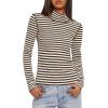 imageDarong Womens Striped Turtleneck Shirt Long Sleeve Undershirts Ribbed Slim Fit Top Fitted Basic TeesCoffeebeige Stripe