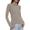 imageDarong Womens Striped Turtleneck Shirt Long Sleeve Undershirts Ribbed Slim Fit Top Fitted Basic TeesCoffeebeige Stripe