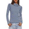 imageDarong Womens Striped Turtleneck Shirt Long Sleeve Undershirts Ribbed Slim Fit Top Fitted Basic TeesDark Blue Stripe