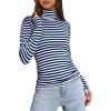 imageDarong Womens Striped Turtleneck Shirt Long Sleeve Undershirts Ribbed Slim Fit Top Fitted Basic TeesDark Blue Stripe