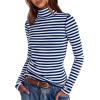 imageDarong Womens Striped Turtleneck Shirt Long Sleeve Undershirts Ribbed Slim Fit Top Fitted Basic TeesDark Blue Stripe