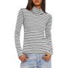 imageDarong Womens Striped Turtleneck Shirt Long Sleeve Undershirts Ribbed Slim Fit Top Fitted Basic TeesDark Greywhite Stripe