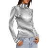 imageDarong Womens Striped Turtleneck Shirt Long Sleeve Undershirts Ribbed Slim Fit Top Fitted Basic TeesDark Greywhite Stripe