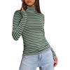 imageDarong Womens Striped Turtleneck Shirt Long Sleeve Undershirts Ribbed Slim Fit Top Fitted Basic TeesGreen Stripe
