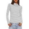 imageDarong Womens Striped Turtleneck Shirt Long Sleeve Undershirts Ribbed Slim Fit Top Fitted Basic TeesLight Greywhite Stripe