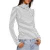 imageDarong Womens Striped Turtleneck Shirt Long Sleeve Undershirts Ribbed Slim Fit Top Fitted Basic TeesLight Greywhite Stripe