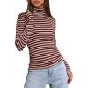 imageDarong Womens Striped Turtleneck Shirt Long Sleeve Undershirts Ribbed Slim Fit Top Fitted Basic TeesWine Red Stripe