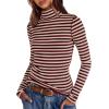 imageDarong Womens Striped Turtleneck Shirt Long Sleeve Undershirts Ribbed Slim Fit Top Fitted Basic TeesWine Red Stripe