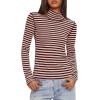 imageDarong Womens Striped Turtleneck Shirt Long Sleeve Undershirts Ribbed Slim Fit Top Fitted Basic TeesWine Red Stripe