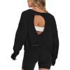 imageDarong Womens Open Back Workout Top Oversized Athletic Shirt Long Sleeve Crop Top with Thumb HolesBlack