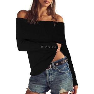 imageDarong Daong Women Off Shoulder Sweaters Long Sleeve Striped Ribbed Knit Going Out Fall Tops Blouse 2025 Fall FashionBlack