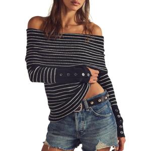 imageDarong Daong Women Off Shoulder Sweaters Long Sleeve Striped Ribbed Knit Going Out Fall Tops Blouse 2025 Fall FashionBlackwhite Stripe