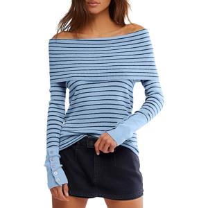 imageDarong Daong Women Off Shoulder Sweaters Long Sleeve Striped Ribbed Knit Going Out Fall Tops Blouse 2025 Fall FashionBlueblack Stripe